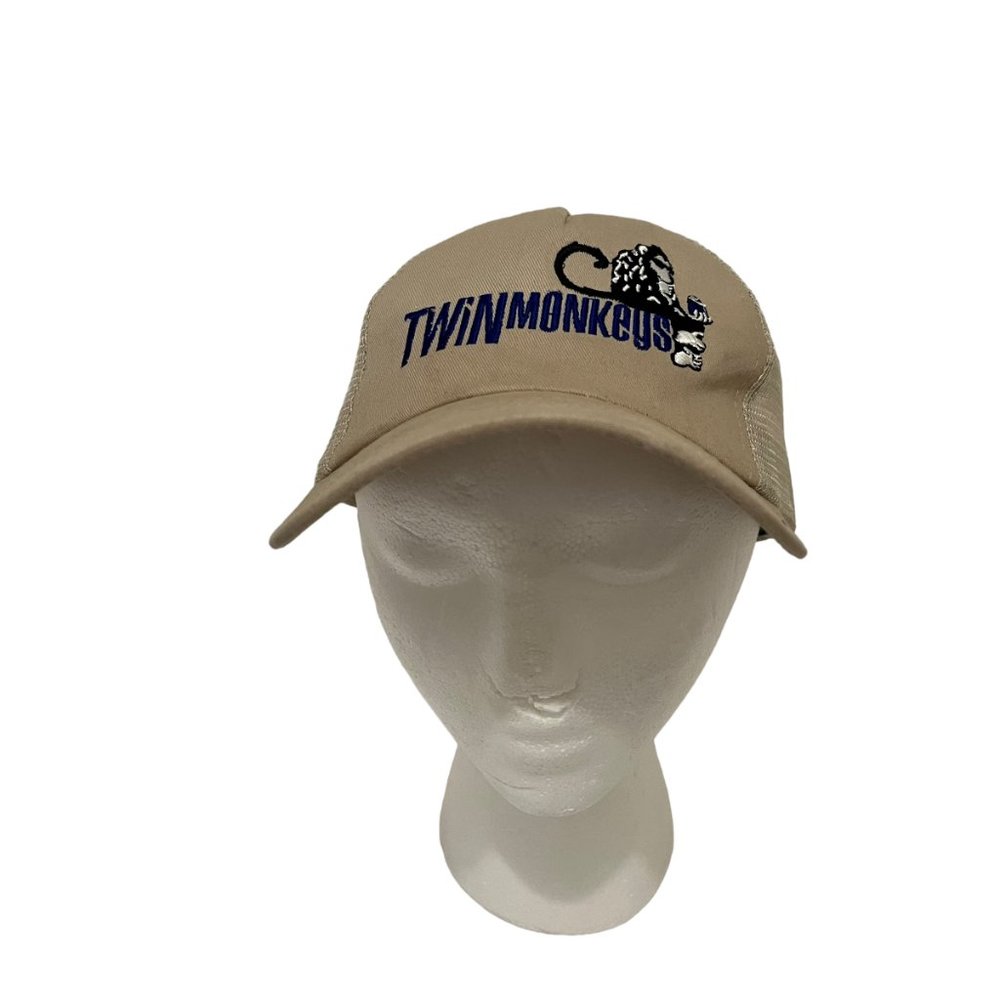 Hit Wear Twin Monkeys Beige Blue Embroidered Mesh Snapback Hat Cap